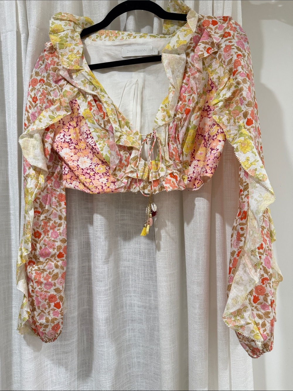 Zimmermann Floral Tie-Front Ruffle Crop Top in Pink and Yellow